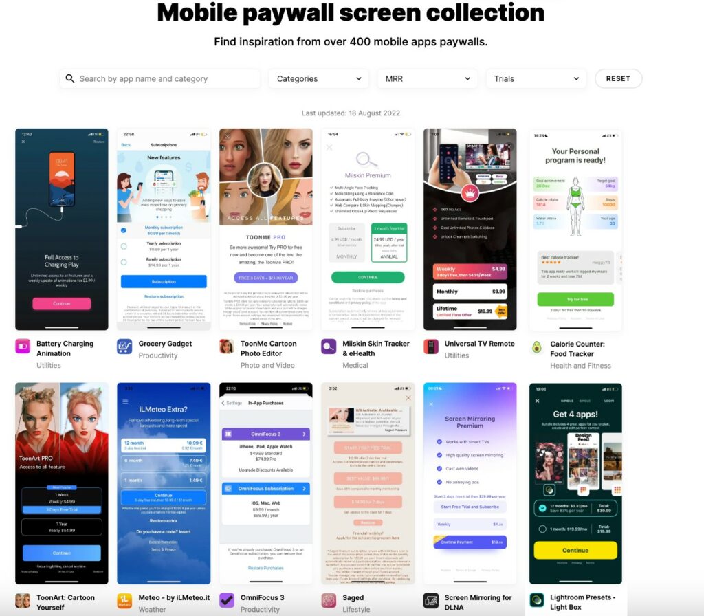 Mobile paywall screen collection