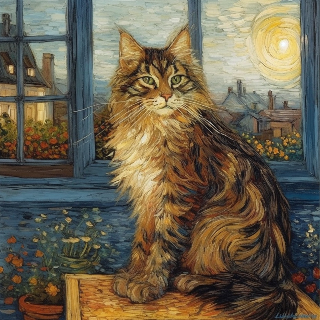 Long-haired tabby cat sitting on a windowsill, Van-Gogh style image generated by Midjourney v5