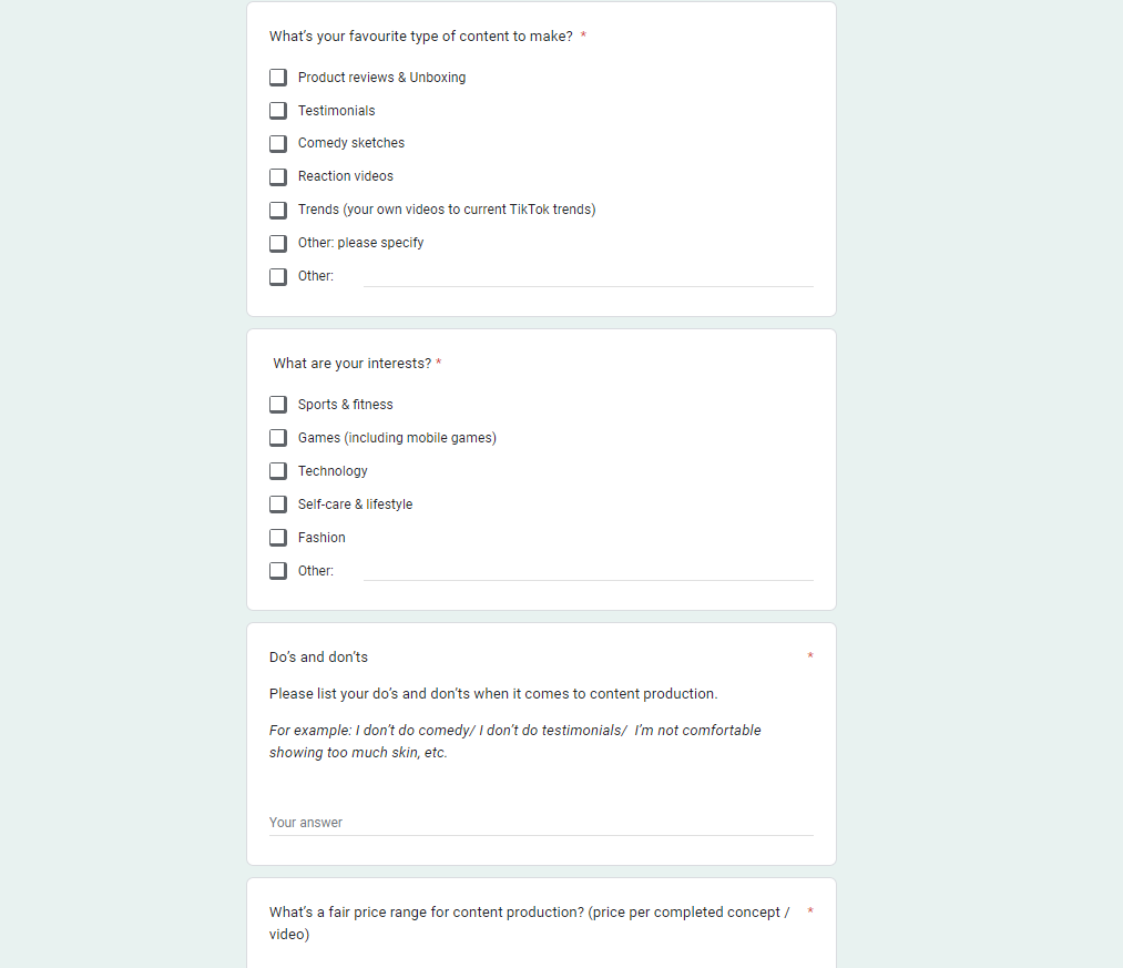 Content creator questionnaire